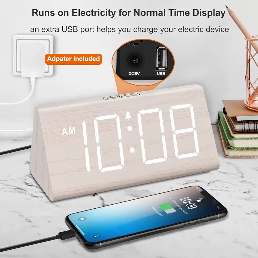 DreamSky Wooden Digital Alarm Clock with USB Charging and Adjustable Dimmer