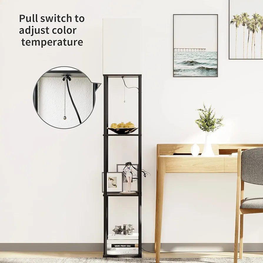 SUNMORY Modern 3-Tier Shelf Floor Lamp with 3-Color LED Bulb, Square Standing Bookshelf Lamp for Living Room and Bedroom
