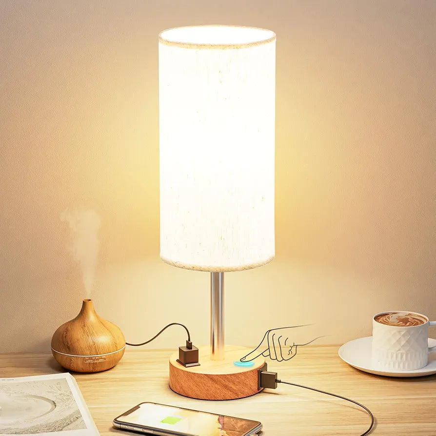 Fenmzee 3-Way Dimmable Touch Bedside Lamp with USB-C Charging Port, AC Outlet, and Wood Base
