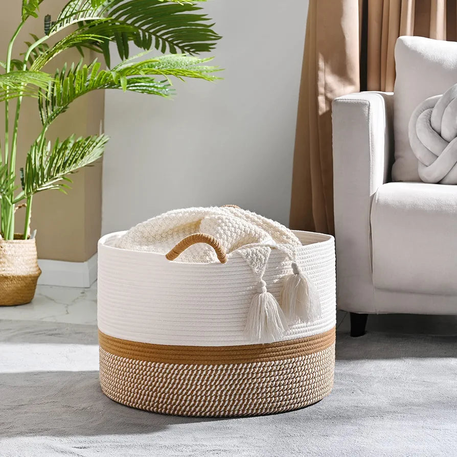 KAKAMAY Large Cotton Rope Woven Storage Basket for Laundry, Nursery, and Living Room
