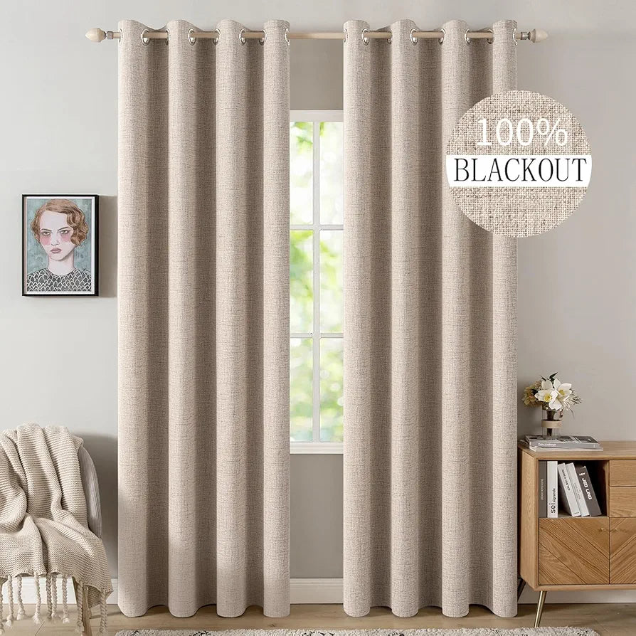 MIULEE 52x84 Inch 100% Blackout Linen Textured Thermal Insulated Grommet Curtains - Natural Beige