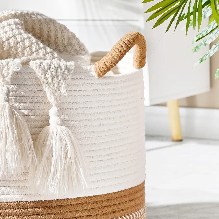 KAKAMAY Large Cotton Rope Woven Storage Basket for Laundry, Nursery, and Living Room
