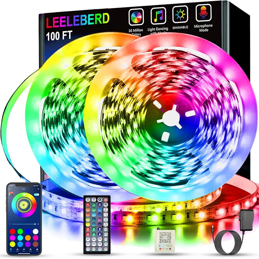 Leeleberd 100ft RGB LED Strip Lights with Music Sync, Bluetooth App & Remote Control