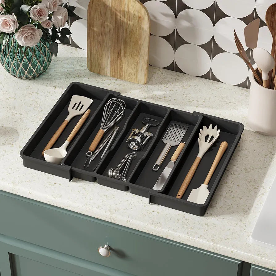 Lifewit Expandable Kitchen Drawer Utensil Organizer, Adjustable Cutlery and Flatware Tray, 13-22 x 15 Inch, Black