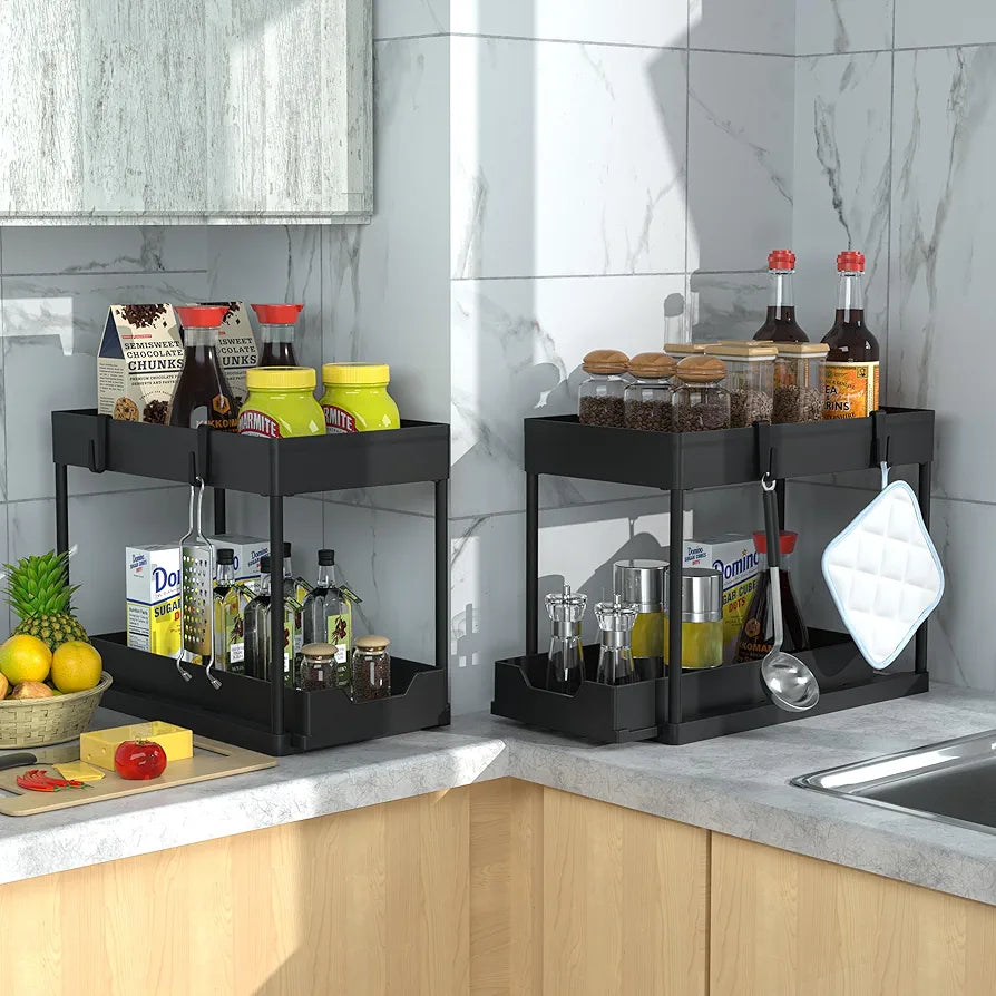 DEKAVA 2-Tier Sliding Under Sink Organizer - 2 Pack Bathroom Cabinet Storage Drawers