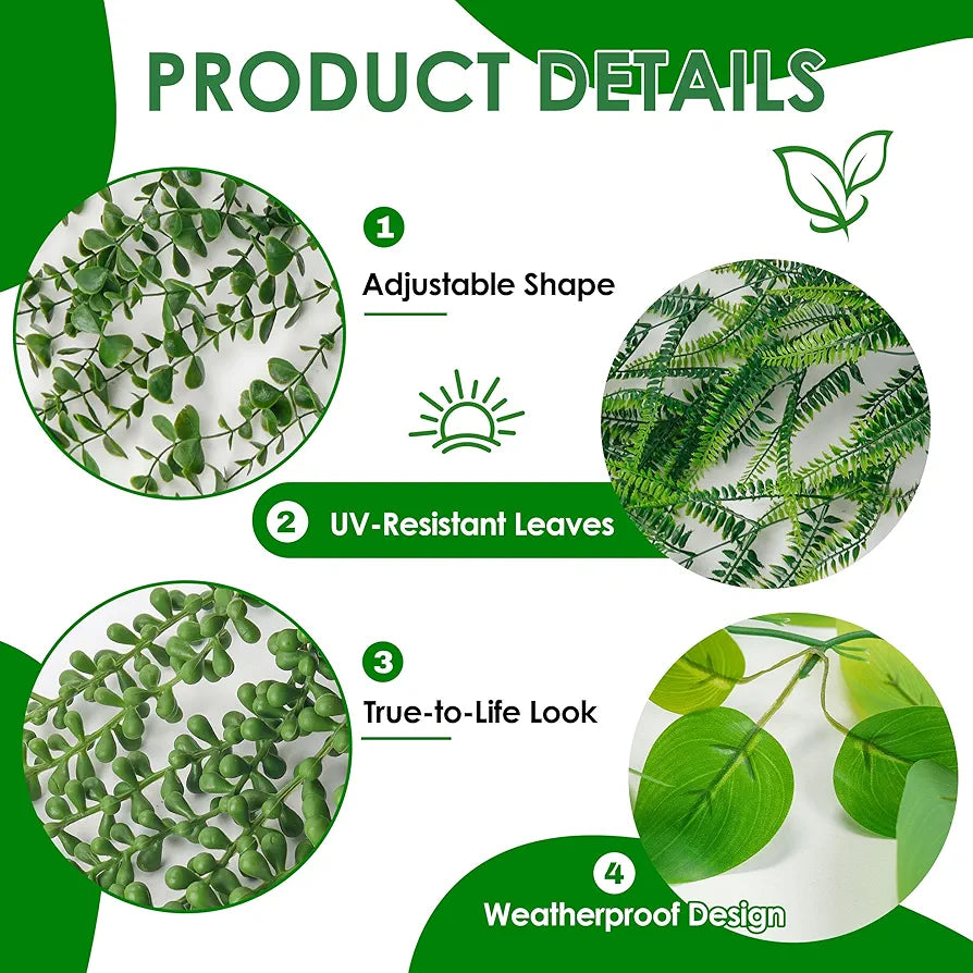 4-Piece Artificial Hanging Plant Set: Ivy, Eucalyptus, Boston Fern, and String of Pearls for Indoor and Outdoor Decor
