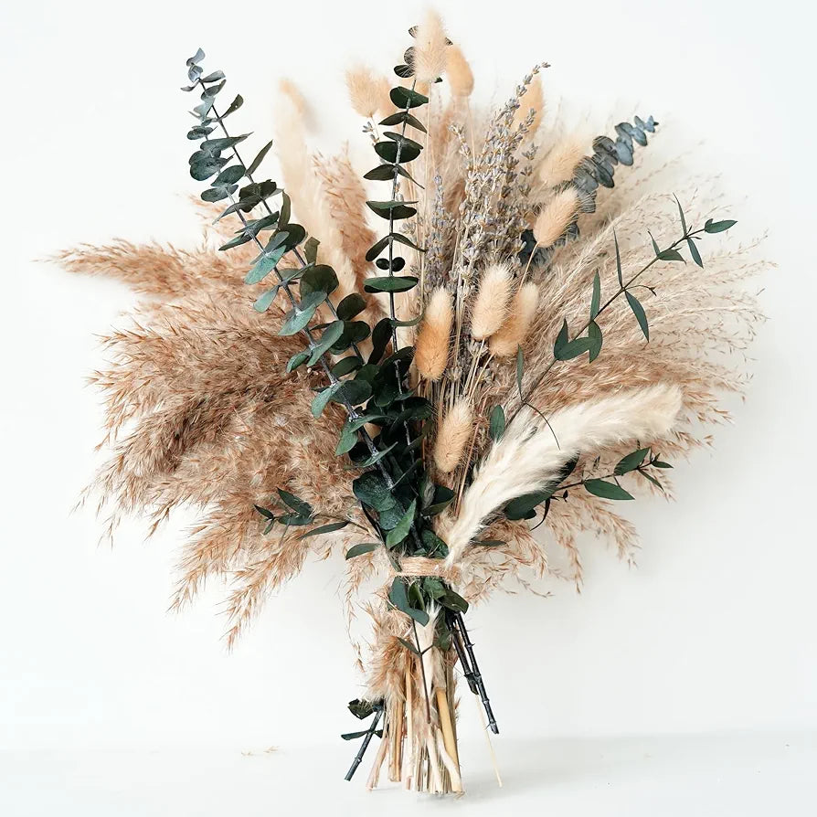 Exquisite Green Pampas Grass, Lavender, and Eucalyptus Dried Flower Boho Bouquet for Rustic Home and Wedding Decor