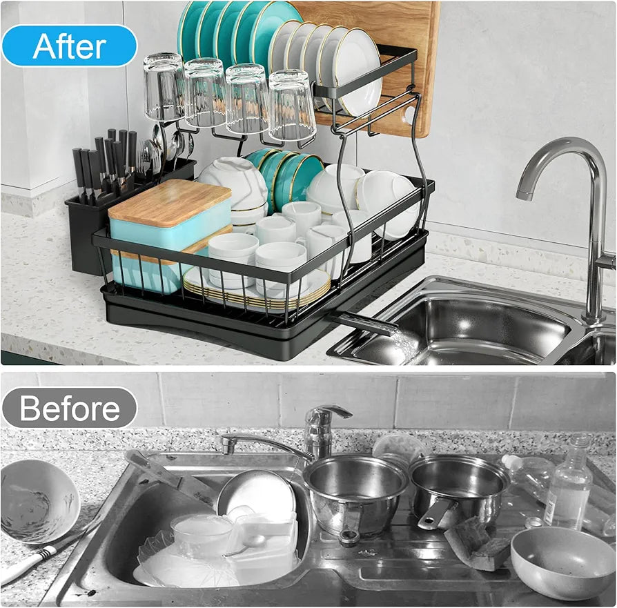 7-Code 2-Tier Large Capacity Dish Drying Rack with Utensil Holder - Black