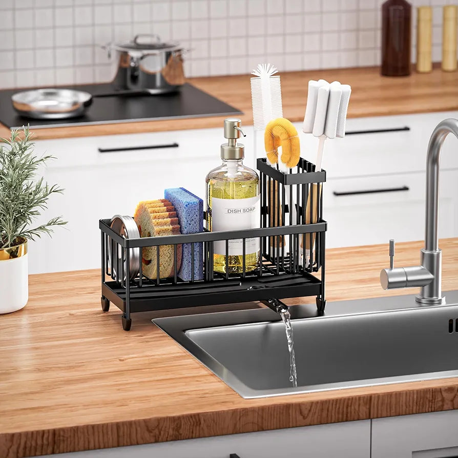Cisily Sponge Holder for Kitchen Sink, Sink Caddy Organizer with High Brush Holder, Kitchen Countertop Organizers and Storage Essentials, Rustproof 304 Stainless Steel 