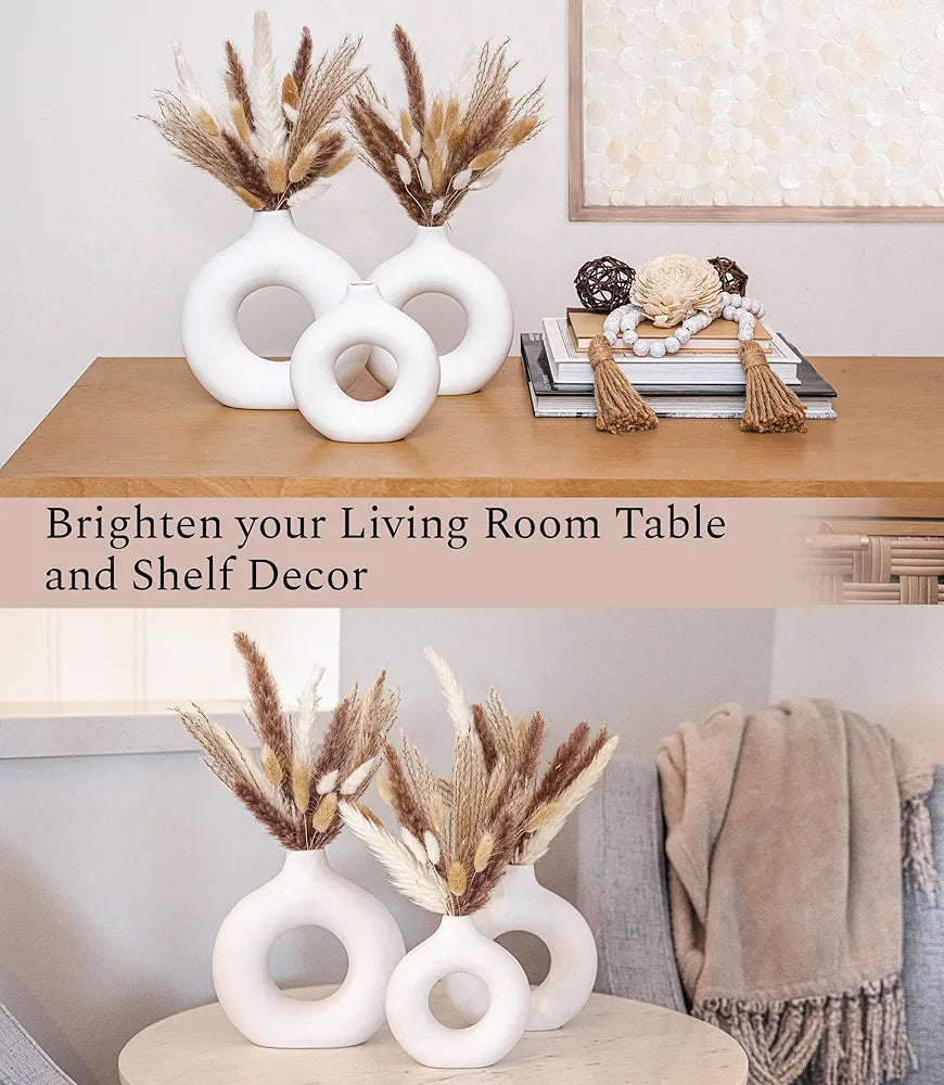 VELOVA Set of 3 White Ceramic Vases with 65-Piece Dried Pampas Grass Boho Decor Set