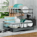 7-Code 2-Tier Large Capacity Dish Drying Rack with Utensil Holder - Black