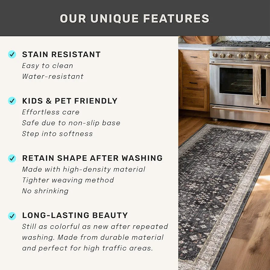Ashen Charcoal Floral Washable 2x3 Entryway Rug with Non-Slip Rubber Backing