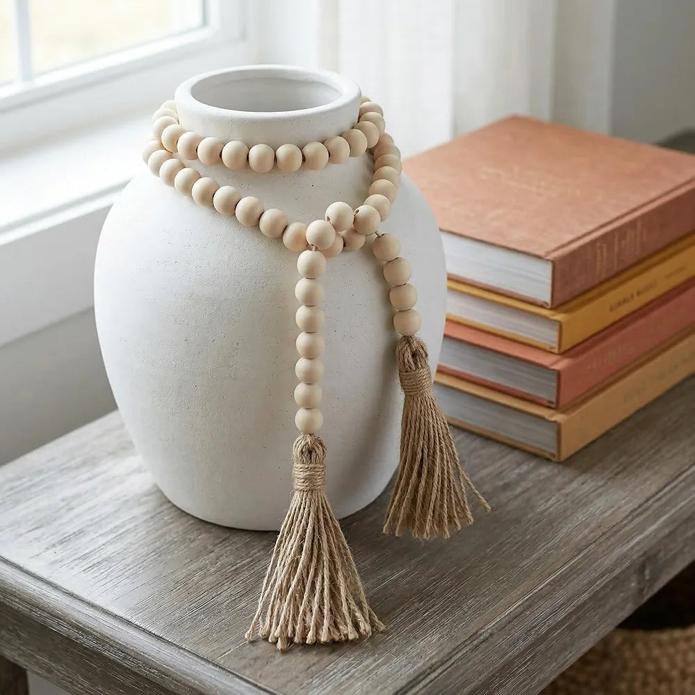 Rustic Boho Wood Bead Garland with Tassels - Long Farmhouse Decor