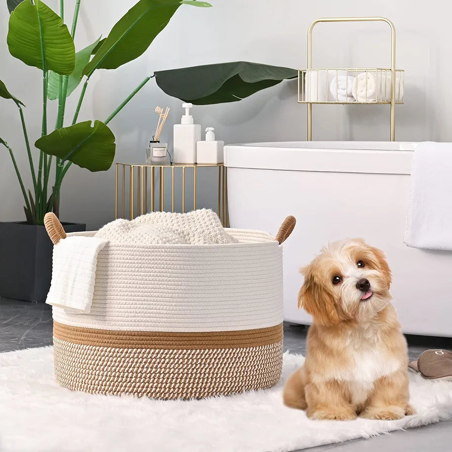 KAKAMAY Large Cotton Rope Woven Storage Basket for Laundry, Nursery, and Living Room