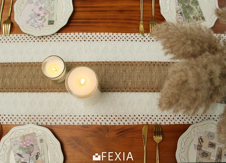 FEXIA 72-Inch Boho Macrame Table Runner with Tassels - Rustic Farmhouse Decor for Dining, Bridal Shower, and Living Room