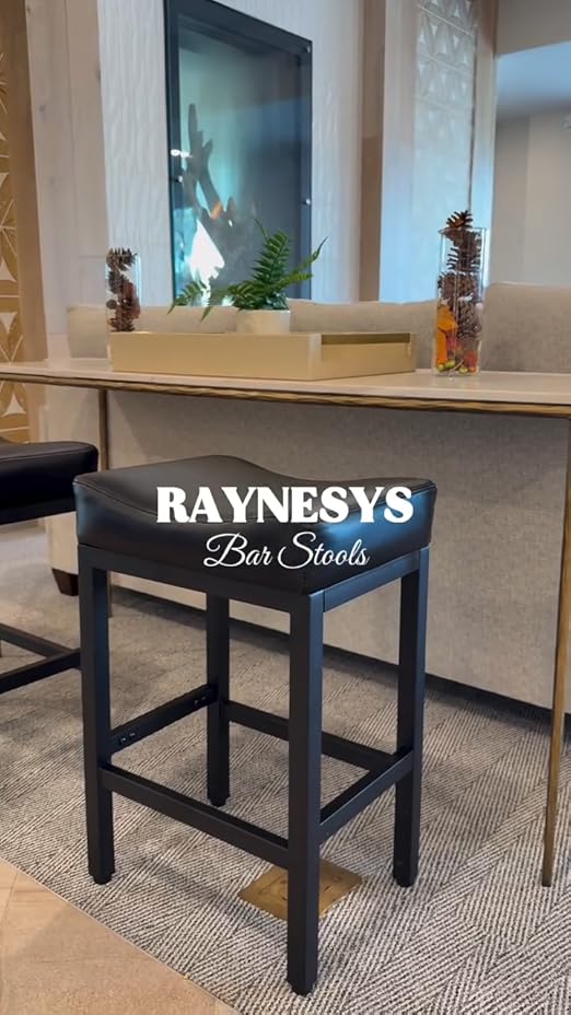 Raynesys Counter Height Bar Stools Set of 2, 24 Inch Barstools for Kitchen Island Counter, Bonded Leather Kitchen Stools with Thick Saddle Seats & Heavy Duty Metal Base, Easy Assembly, All Black