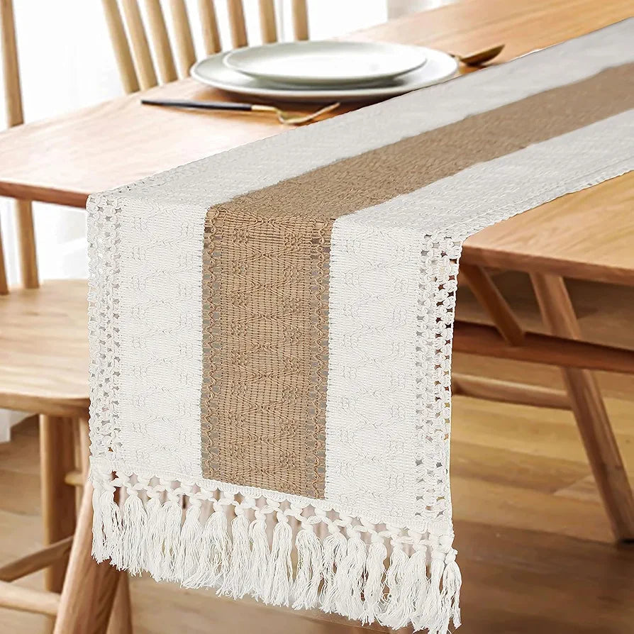 FEXIA 72-Inch Boho Macrame Table Runner with Tassels - Rustic Farmhouse Decor for Dining, Bridal Shower, and Living Room