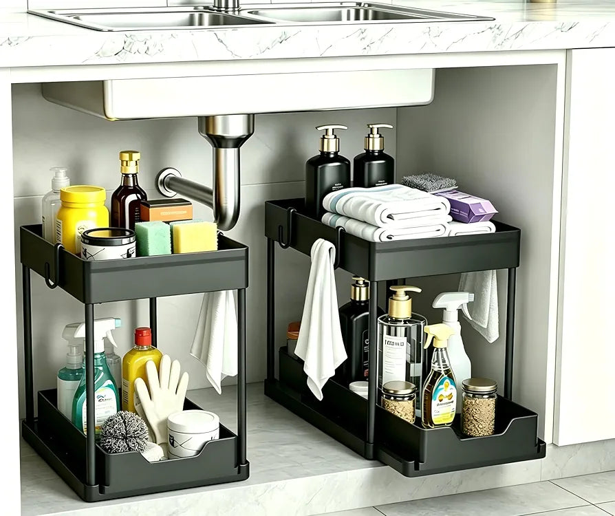 DEKAVA 2-Tier Sliding Under Sink Organizer - 2 Pack Bathroom Cabinet Storage Drawers