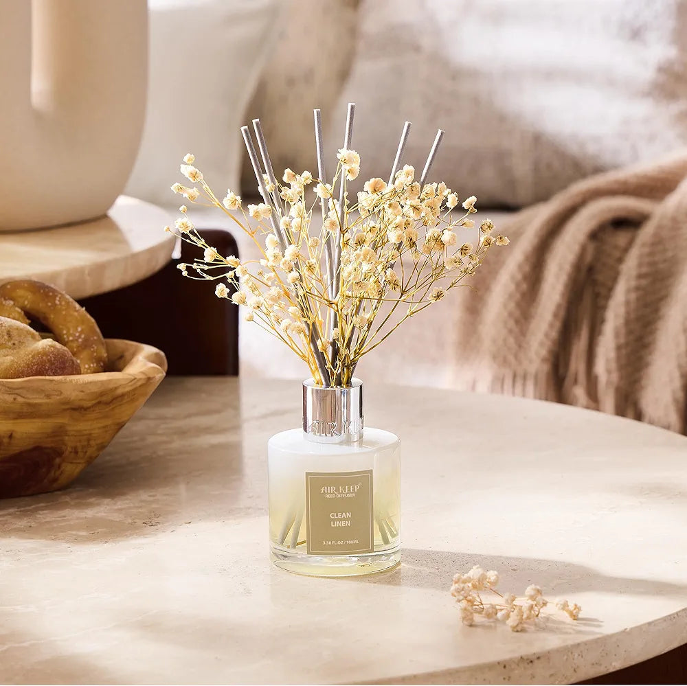 Airkeep Reed Diffuser Set,3.38 fl oz  - Clean Linen Oil Diffusers with 8 Reed Sticks,Home Fragrance Reed Diffuser for Bathroom Shelf Decor