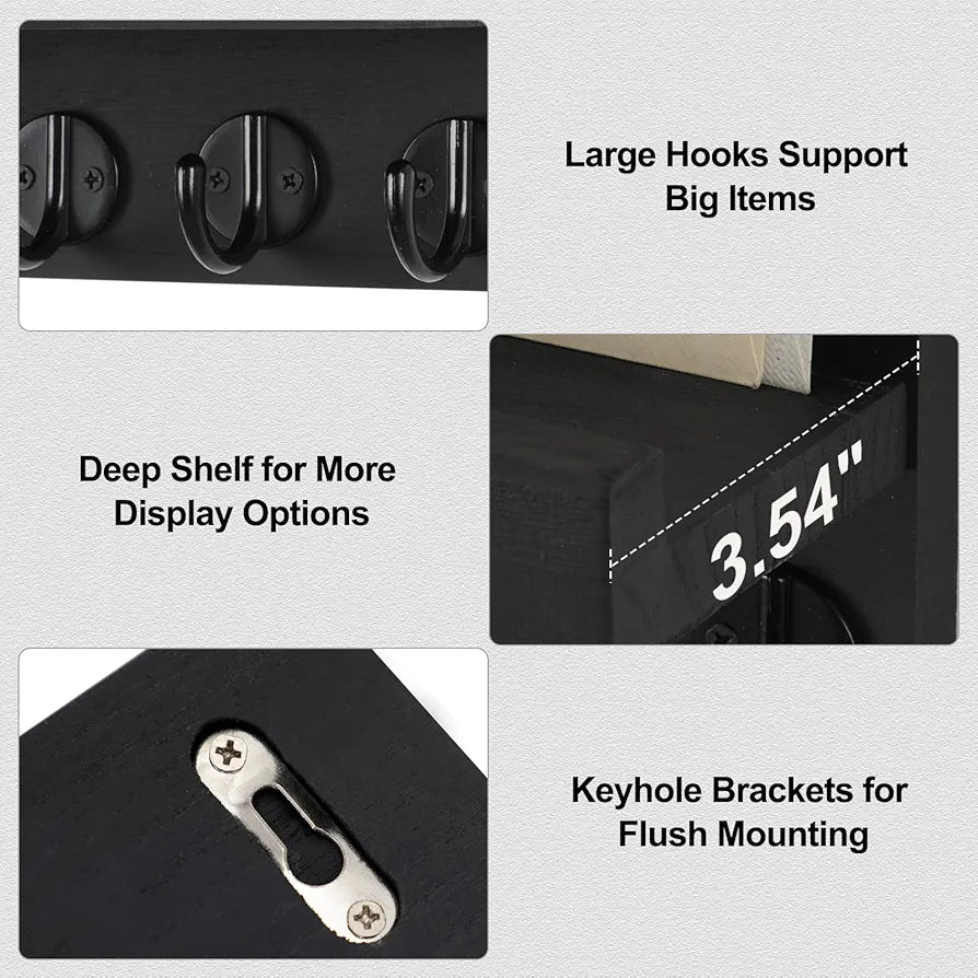 Lwenki Decorative Wall-Mounted Key and Mail Holder with Shelf, Large Hooks for Bags, Coats, and Umbrellas, Paulownia Wood