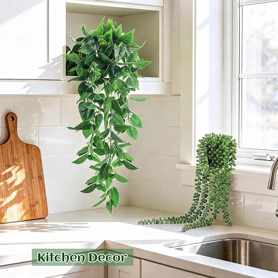 4-Piece Artificial Hanging Plant Set: Ivy, Eucalyptus, Boston Fern, and String of Pearls for Indoor and Outdoor Decor