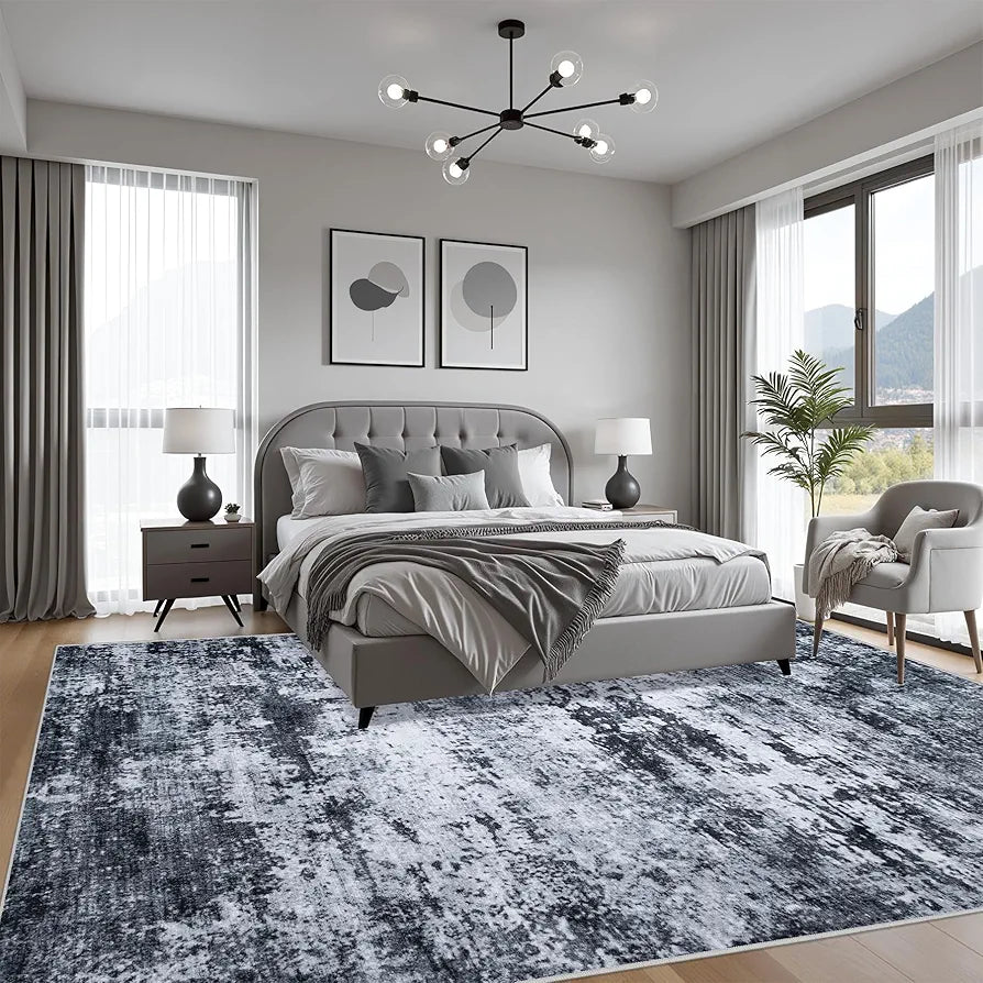 Black Modern Abstract Washable 5x7 Area Rug - Non-Slip Soft Indoor Carpet for Living Room, Bedroom, and Office