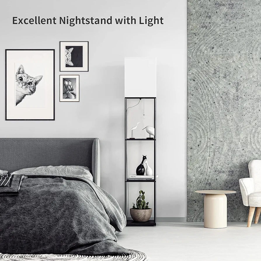 SUNMORY Modern 3-Tier Shelf Floor Lamp with 3-Color LED Bulb, Square Standing Bookshelf Lamp for Living Room and Bedroom