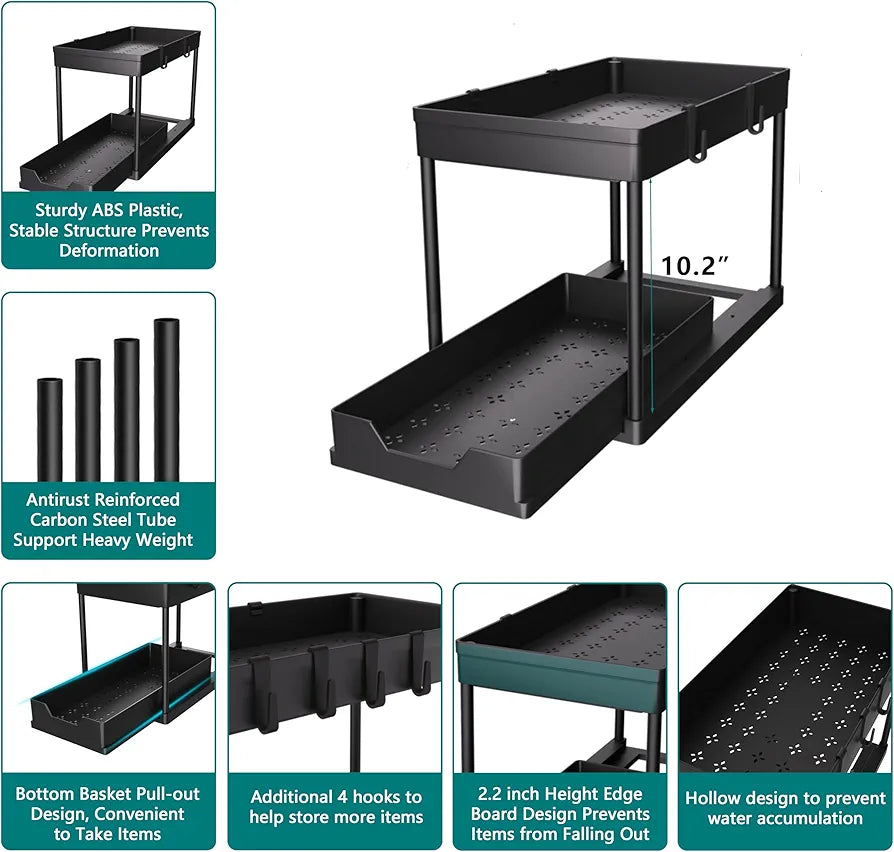 DEKAVA 2-Tier Sliding Under Sink Organizer - 2 Pack Bathroom Cabinet Storage Drawers