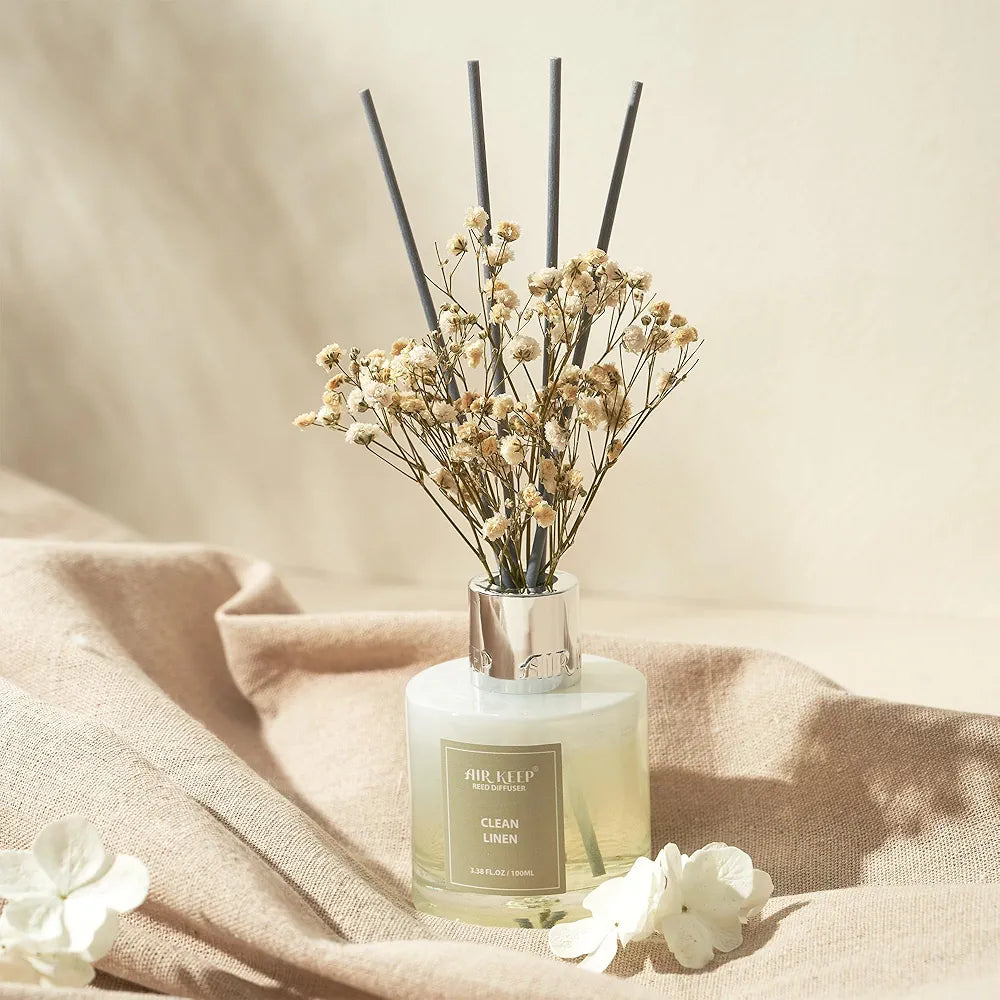 Airkeep Reed Diffuser Set,3.38 fl oz  - Clean Linen Oil Diffusers with 8 Reed Sticks,Home Fragrance Reed Diffuser for Bathroom Shelf Decor