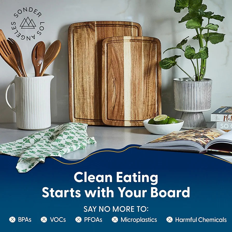 Sonder Los Angeles Doheny Acacia Wood Cutting Board Set, 2-Piece Edge Grain Kitchen Boards with Juice Grooves, 14x10x1 and 12x8x1 Inches, Gift Box Included