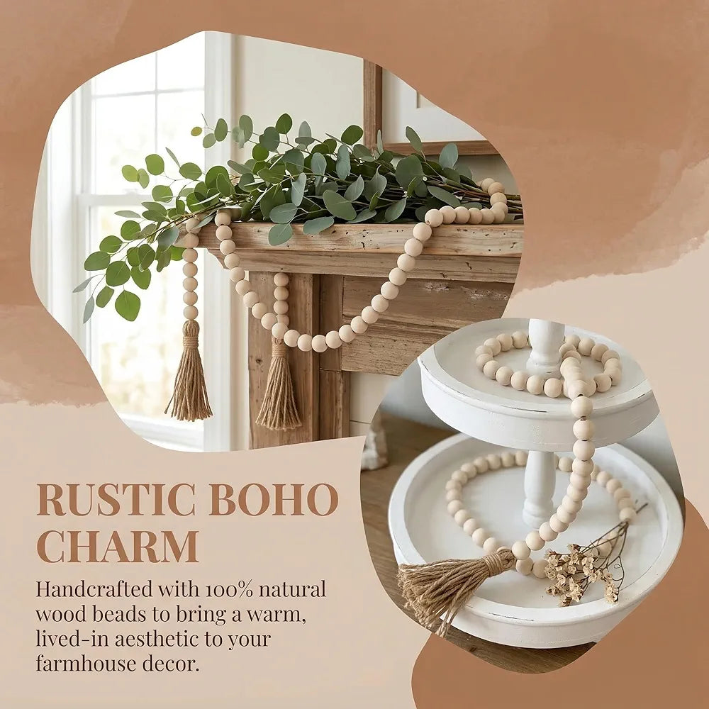 Rustic Boho Wood Bead Garland with Tassels - Long Farmhouse Decor