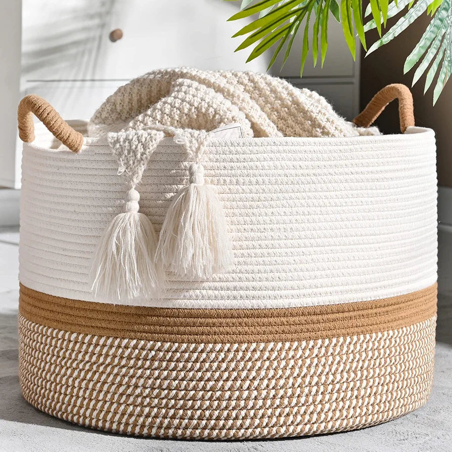 KAKAMAY Large Cotton Rope Woven Storage Basket for Laundry, Nursery, and Living Room