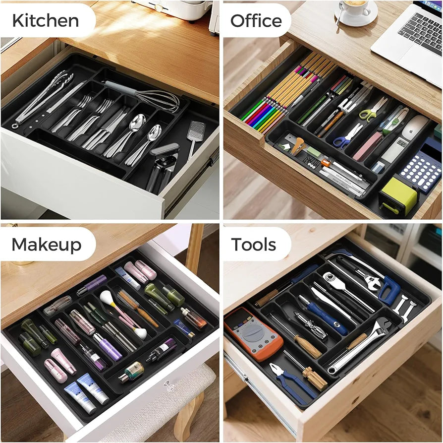 ukeetap Extra Large Expandable Silverware Organizer, BPA-Free Food-Safe Cutlery Flatware Organizer, Kitchen Utensil Drawer Organizer, Adjustable Silverware Holder for Spoons Forks Knives, Black