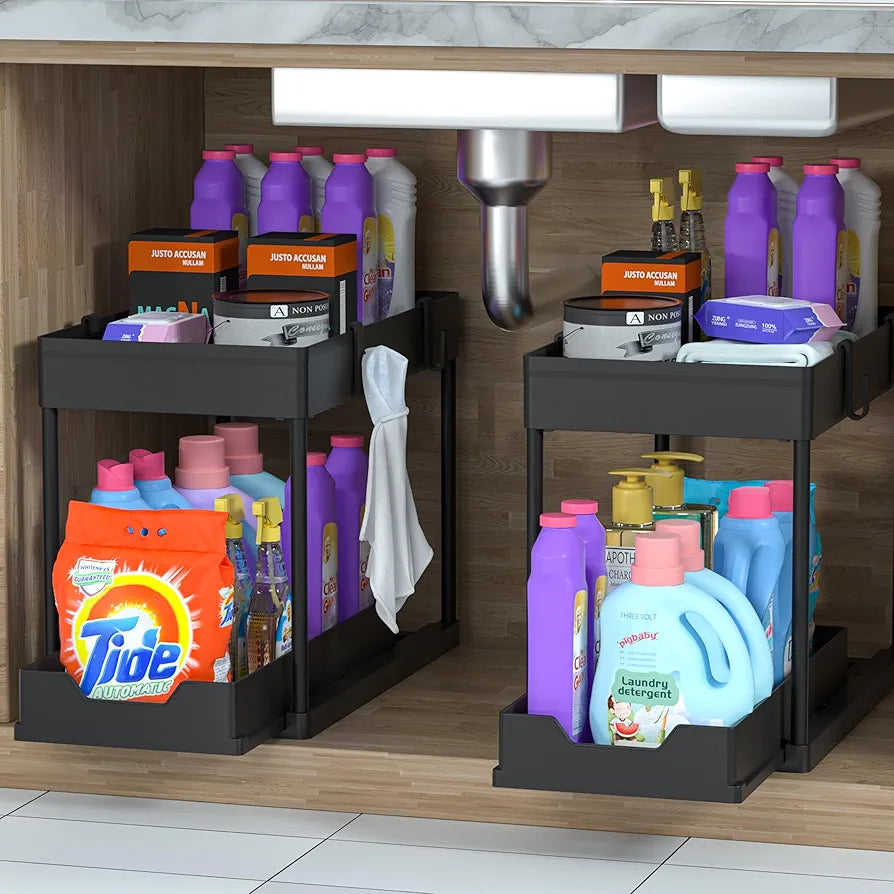 DEKAVA 2-Tier Sliding Under Sink Organizer - 2 Pack Bathroom Cabinet Storage Drawers