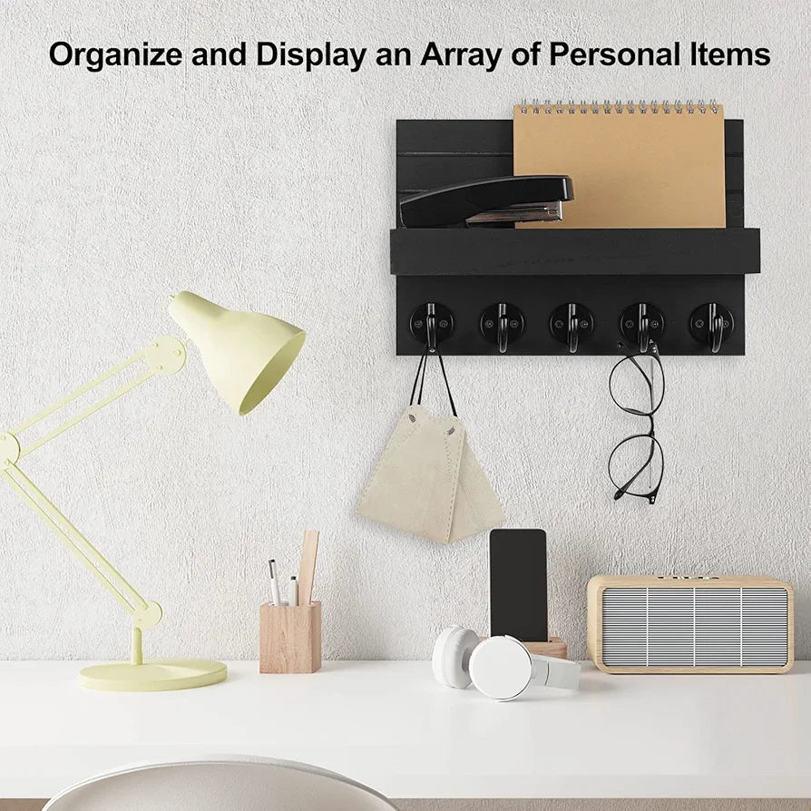 Lwenki Decorative Wall-Mounted Key and Mail Holder with Shelf, Large Hooks for Bags, Coats, and Umbrellas, Paulownia Wood