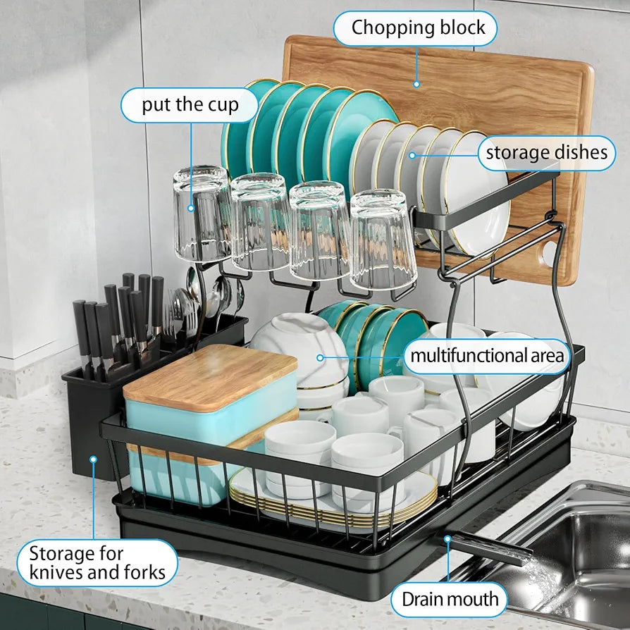 7-Code 2-Tier Large Capacity Dish Drying Rack with Utensil Holder - Black