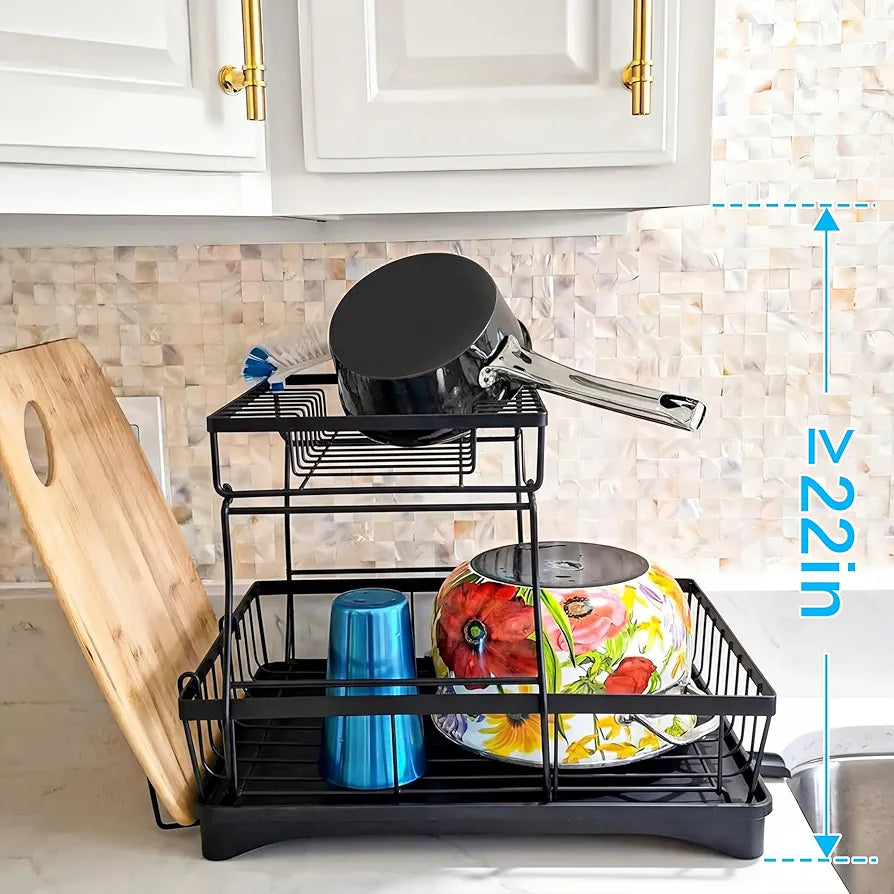 7-Code 2-Tier Large Capacity Dish Drying Rack with Utensil Holder - Black