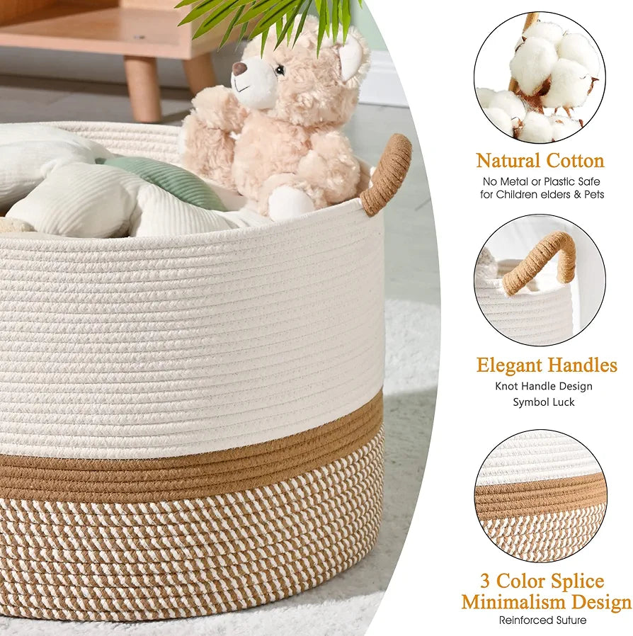 KAKAMAY Large Cotton Rope Woven Storage Basket for Laundry, Nursery, and Living Room