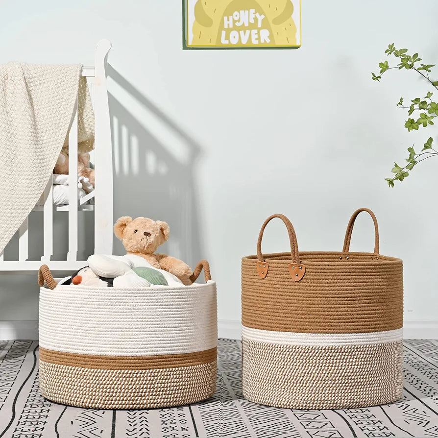 KAKAMAY Large Cotton Rope Woven Storage Basket for Laundry, Nursery, and Living Room