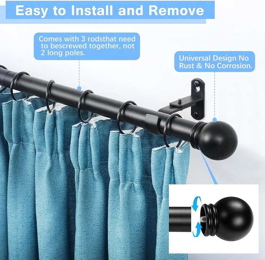 Adjustable 16-48 Inch Black Curtain Rod with Round Finials, 5/8" Diameter