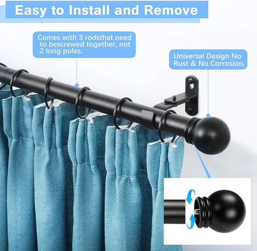 Adjustable 16-48 Inch Black Curtain Rod with Round Finials, 5/8" Diameter