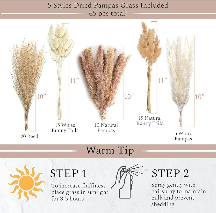 VELOVA Set of 3 White Ceramic Vases with 65-Piece Dried Pampas Grass Boho Decor Set