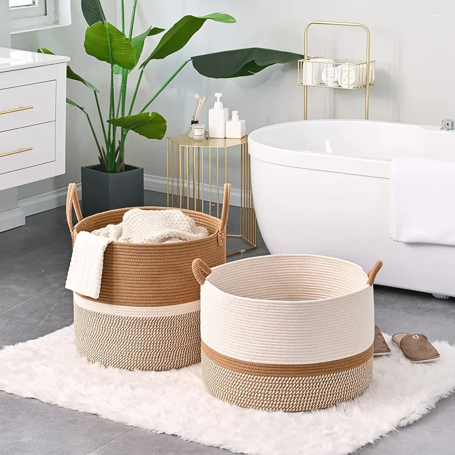 KAKAMAY Large Cotton Rope Woven Storage Basket for Laundry, Nursery, and Living Room