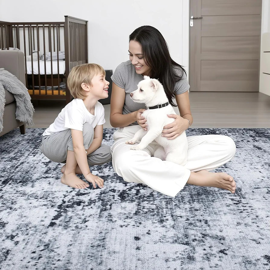 Black Modern Abstract Washable 5x7 Area Rug - Non-Slip Soft Indoor Carpet for Living Room, Bedroom, and Office