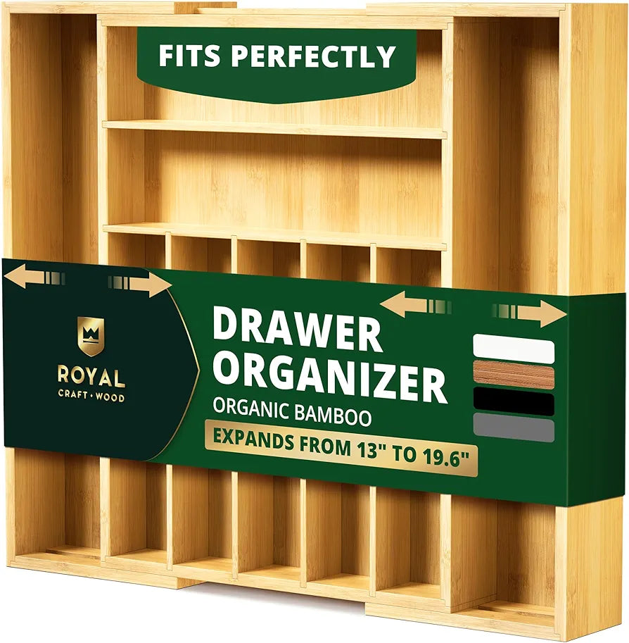 ROYAL CRAFT WOOD Luxury Bamboo Kitchen Drawer Organizer - Silverware Organizer, Utensil Holder & Cutlery Tray Drawer Dividers for Flatware 