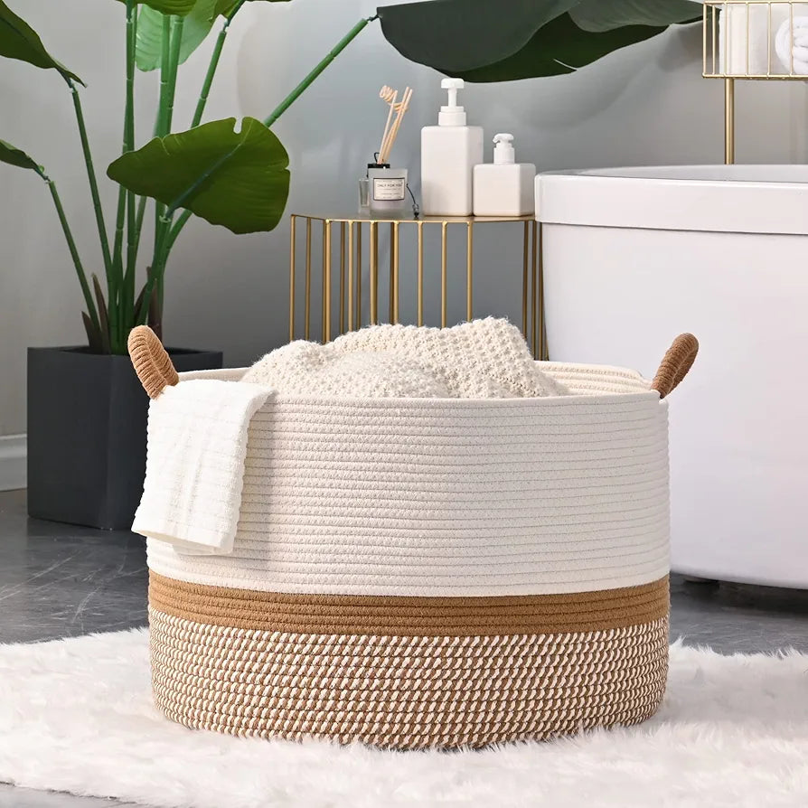KAKAMAY Large Cotton Rope Woven Storage Basket for Laundry, Nursery, and Living Room