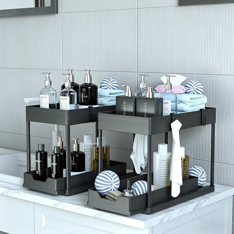 DEKAVA 2-Tier Sliding Under Sink Organizer - 2 Pack Bathroom Cabinet Storage Drawers