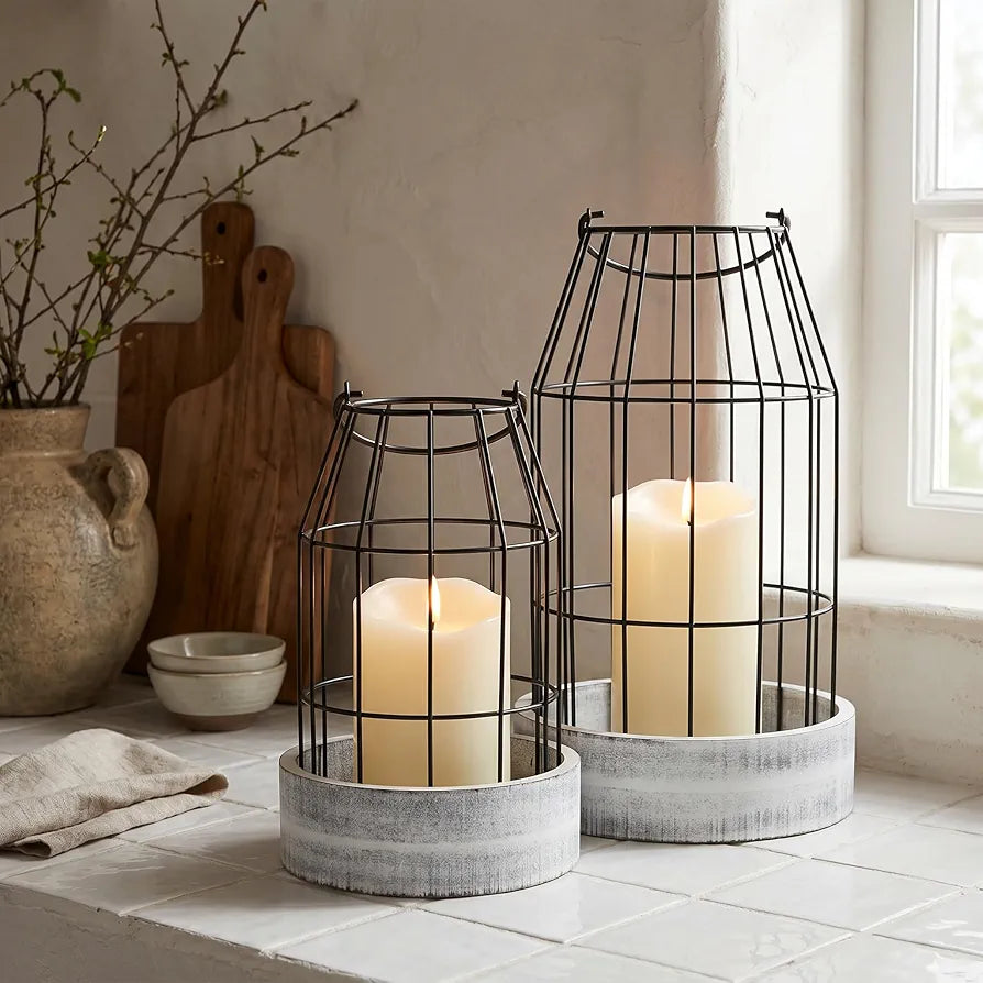Rustic Farmhouse Decorative Lanterns - Set of 2