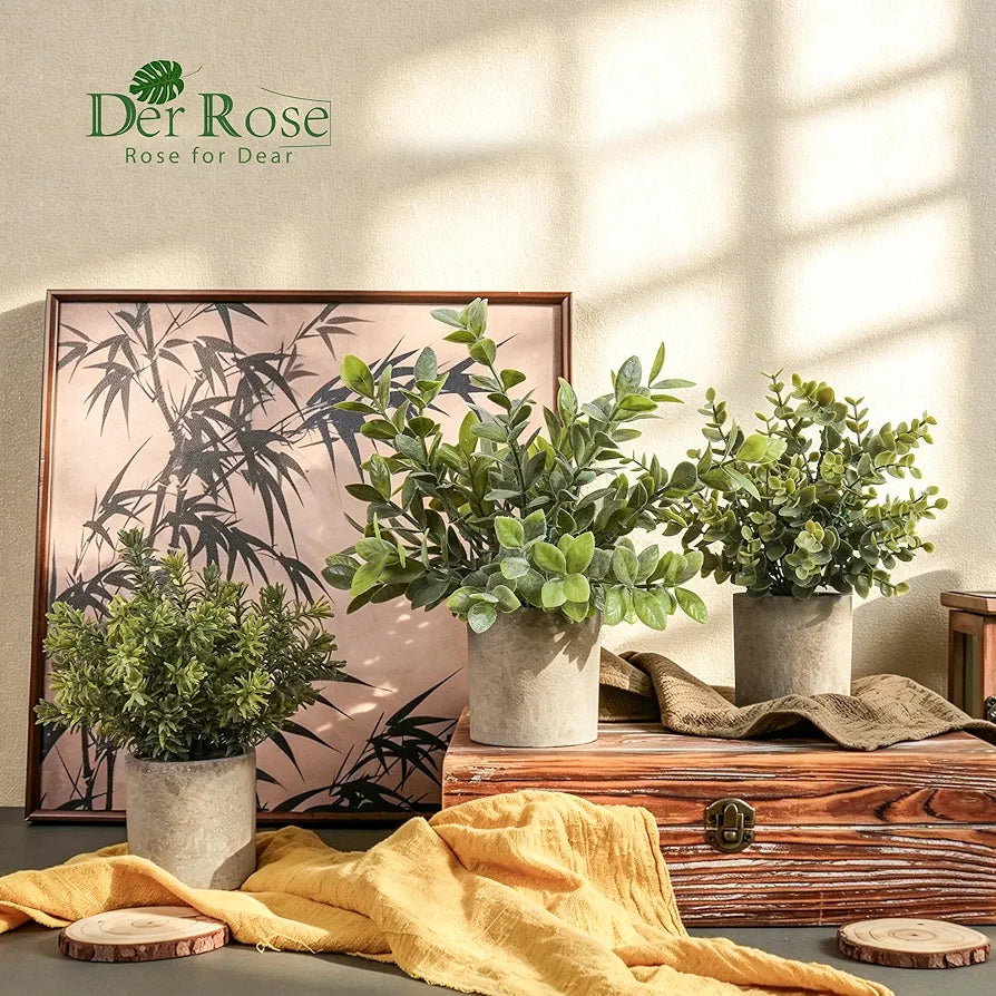 Der Rose 2026 Graduation Gifts Set for Her, 3 Pack Mini Potted Fake Plants Artificial Plastic Eucalyptus Plants Topiaries for Home Office Desk Farmhouse Shelf Room Bathroom Decor
