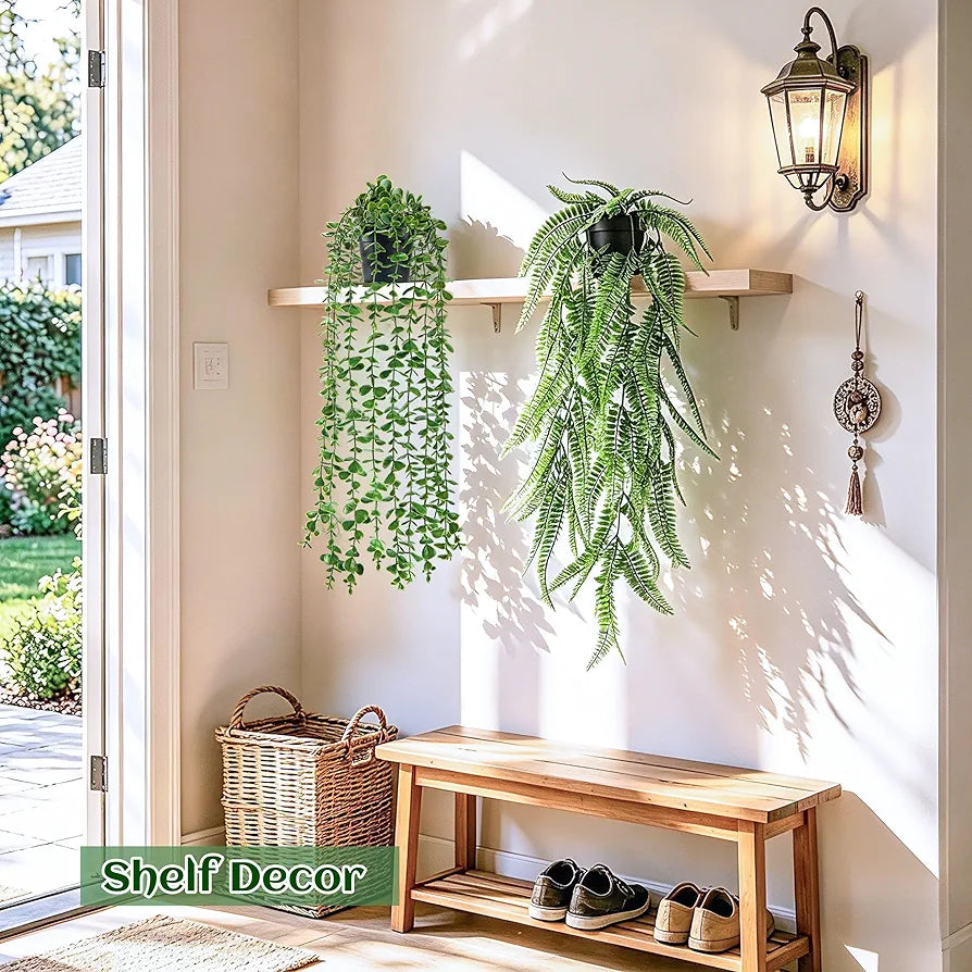 4-Piece Artificial Hanging Plant Set: Ivy, Eucalyptus, Boston Fern, and String of Pearls for Indoor and Outdoor Decor